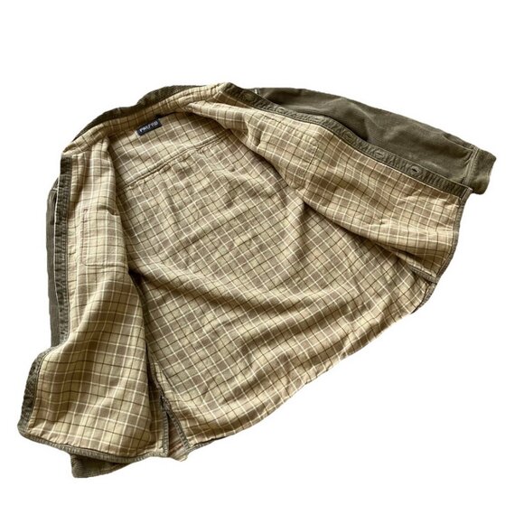 Prefab Corduroy Shirt Jacket with Plaid Flannel Lining Tan Shacket - Picture 5 of 9